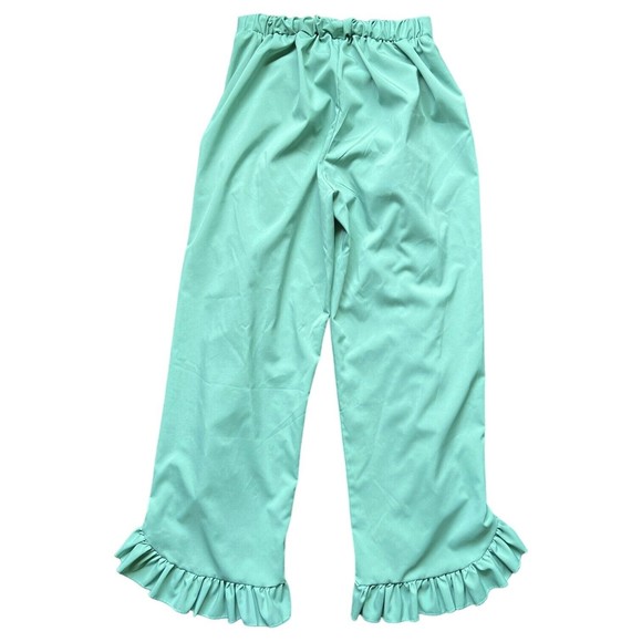 Double Slit Hem Ruffle Trim Wide Leg Pants Sz Small Green Sage Mint Open Tulip S - Picture 2 of 8